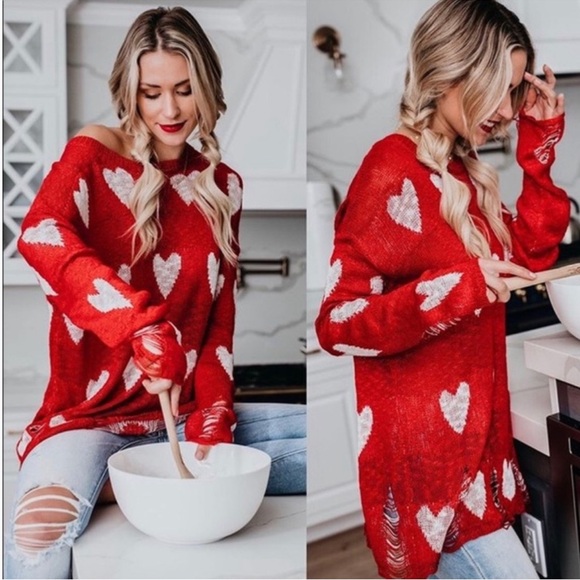 Vici Red Hearts Distressed Sweater - Picture 1 of 7